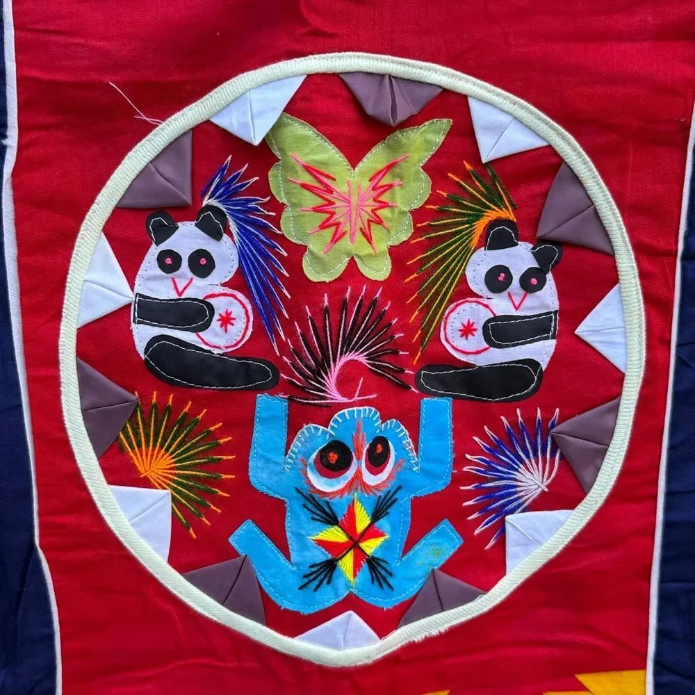 Vintage Chinese Handmade Folk Art Bai Jia Bei Quilt Dragon Panda Frog Two Sided